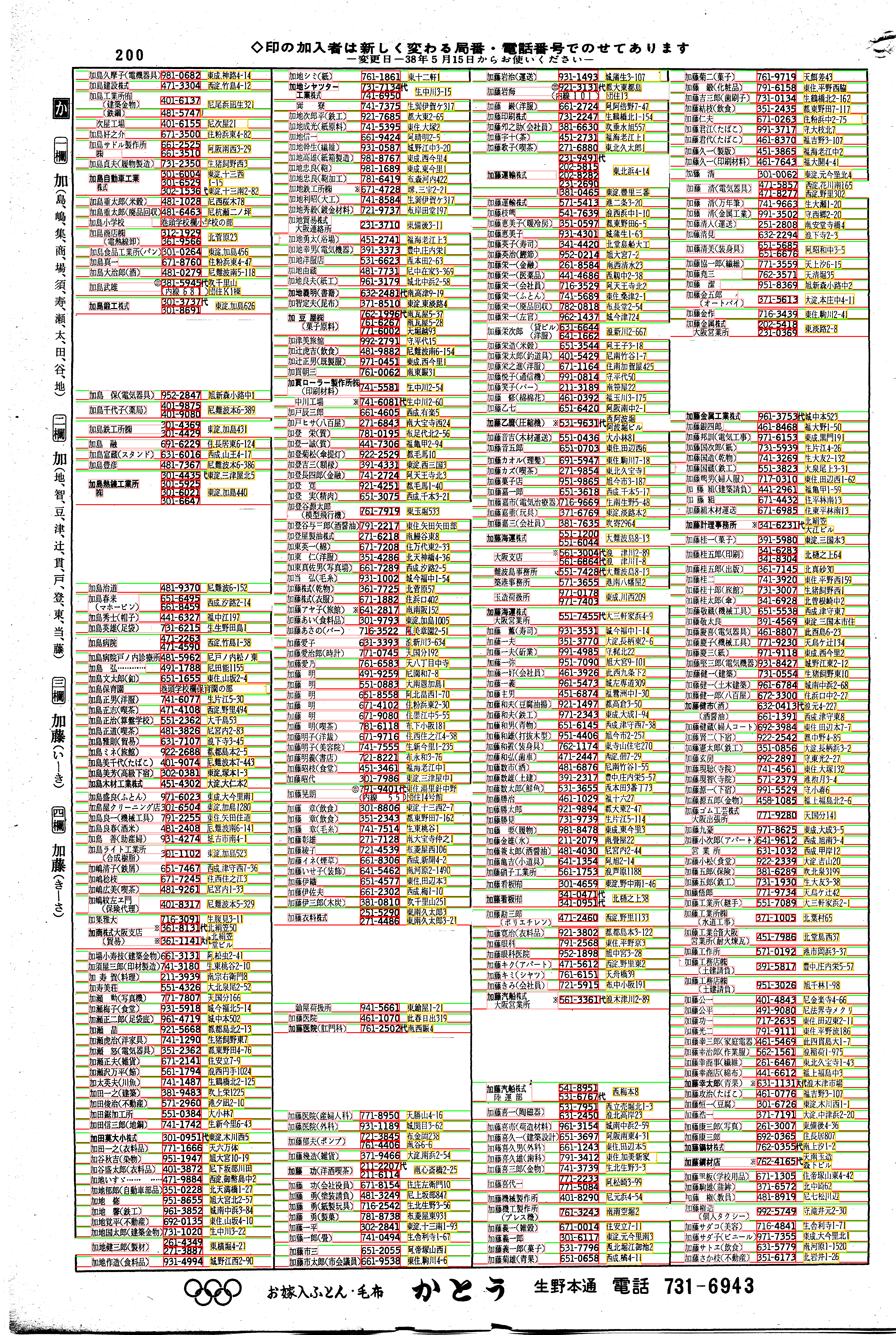 昭和38年2月1日現在大阪市50音別電話番号簿 212ページ全体